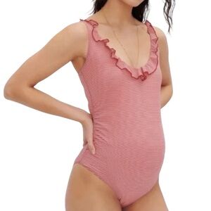 Hatch The Antigua‎ Maillot Red Stripe Ruffle Maternity One Piece Swimsuit Large